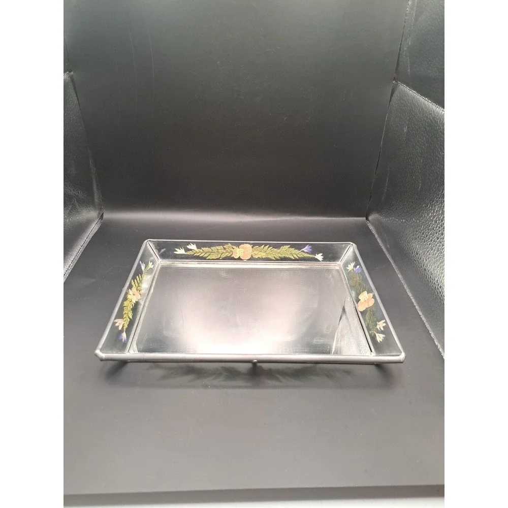 Vintage International Silver Company Glass Handpainted Floral Vanity Tray GUC